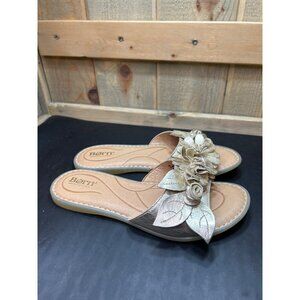 BORN Metallic Gold Leather Floral Slide Sandals Womens Size 7 Comfort Flat Summe